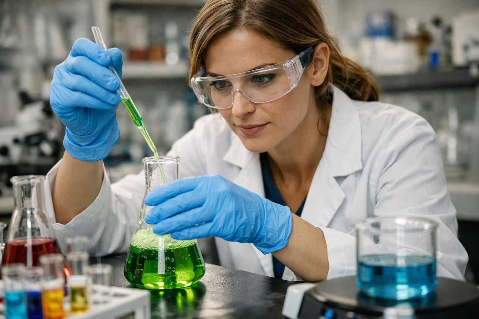 photographic A woman scientist in a lab setting conducting a chemistry test-1